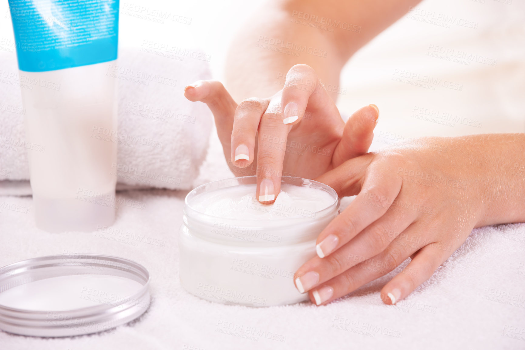 Buy stock photo Woman, hands and cream for skincare, cosmetics or beauty products in salon or spa treatment. Closeup of female person with jar or container of lotion, SPF or creme for soft skin or moisturizer