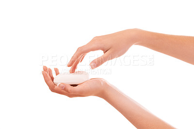Buy stock photo Health, soap and closeup of washing hands in studio for hygiene, wellness or self care. Grooming, cosmetic and zoom of person cleaning skin to prevent germs, bacteria or dirt by white background.