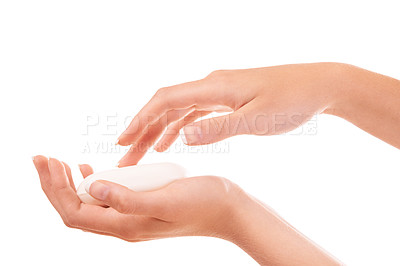 Buy stock photo Hygiene, soap and closeup of washing hands in studio for health, wellness or selfcare. Grooming, cosmetic and zoom of person or model clean skin to prevent germs, bacteria or dirt by white background