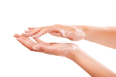 Buy stock photo Sanitary, soap and closeup of washing hands in studio for hygiene, wellness or self care. Cosmetic, foam and zoom of person or model clean skin to prevent germs, bacteria or dirt by white background.