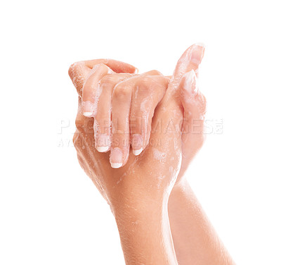 Buy stock photo Wellness, soap and closeup of washing hands in studio for hygiene, health or self care. Grooming, cosmetic and zoom of person or model clean skin to prevent germ, bacteria or dirt by white background