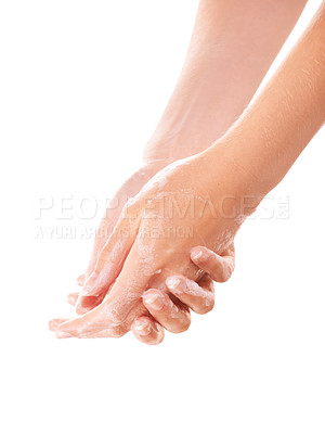 Buy stock photo Health, soap and closeup of washing hands in studio for hygiene, wellness or self care. Foam, cosmetic and zoom of person or model clean skin to prevent germs, bacteria or dirt by white background.