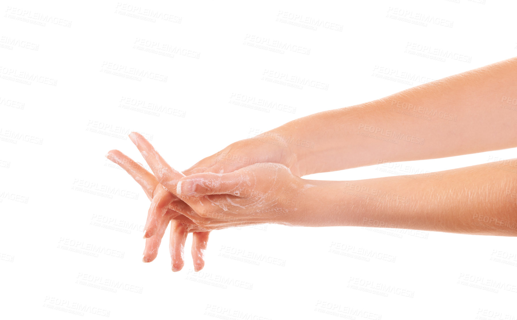 Buy stock photo Health, soap and person washing hands in studio for hygiene, wellness or self care. Grooming, cosmetic and closeup of model clean skin to prevent germs, bacteria or dirt isolated by white background.