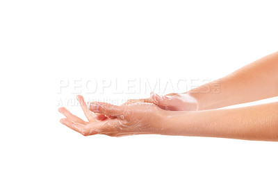 Buy stock photo Health, soap and closeup of washing hands in studio for hygiene, wellness or selfcare. Grooming, cosmetic and zoom of person or model clean skin to prevent germs, bacteria or dirt by white background
