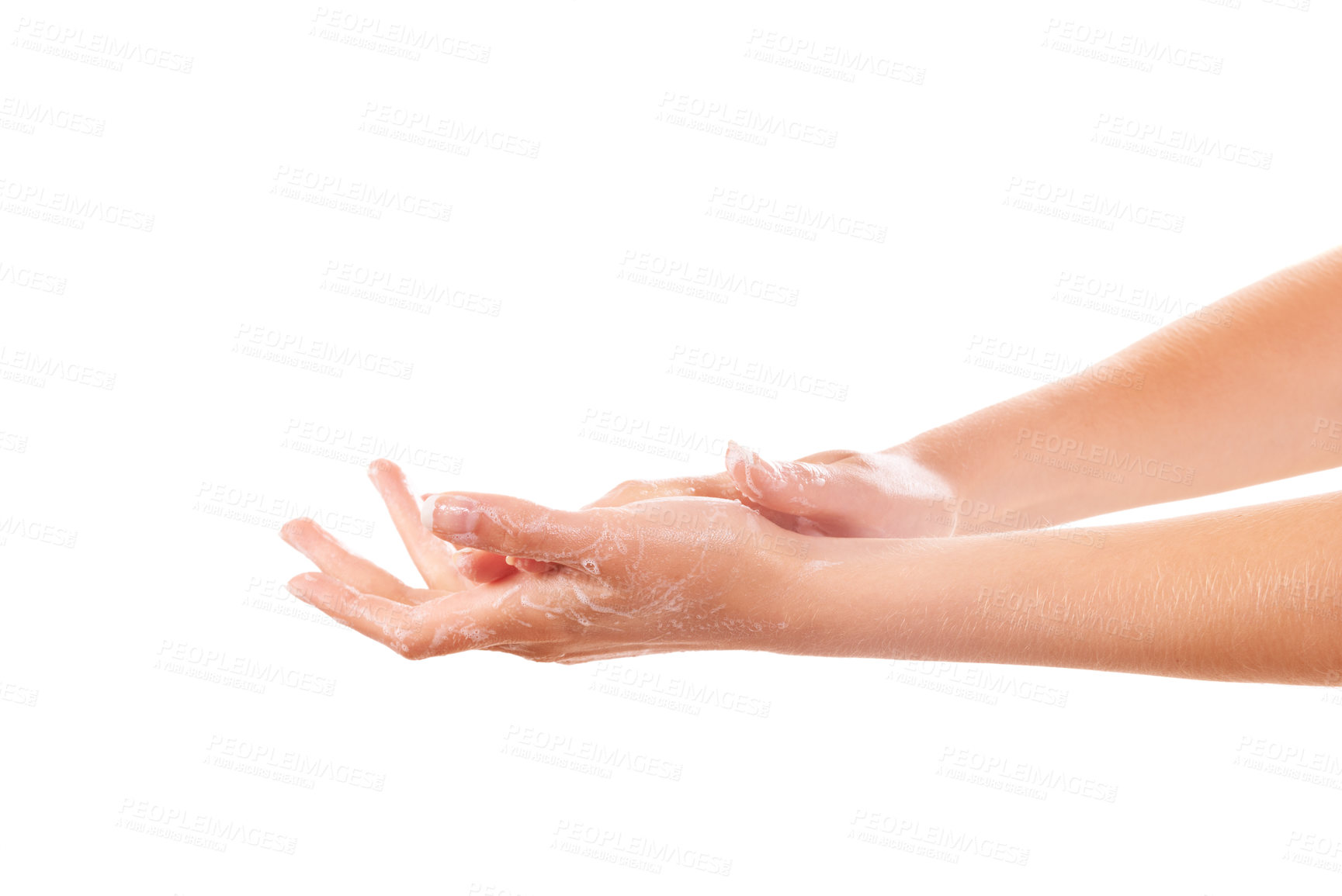 Buy stock photo Health, soap and closeup of washing hands in studio for hygiene, wellness or selfcare. Grooming, cosmetic and zoom of person or model clean skin to prevent germs, bacteria or dirt by white background