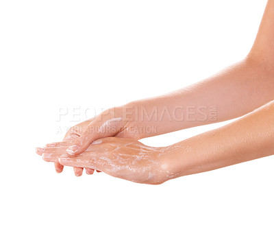 Buy stock photo Skincare, foam and washing hands closeup in studio isolated on a white background mockup space. Fingers, nails and woman cleaning with soap, dermatology and bacteria prevention, hygiene and health