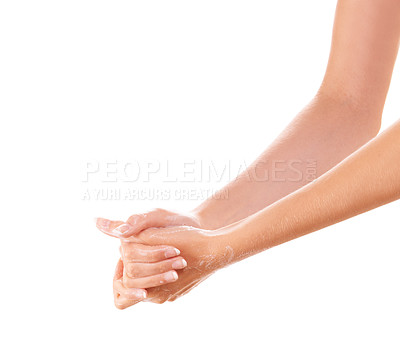 Buy stock photo Skincare, cleaning and washing hands with soap closeup in studio isolated on a white background mockup space. Fingers, nails and woman with foam, dermatology or bacteria prevention, hygiene or health