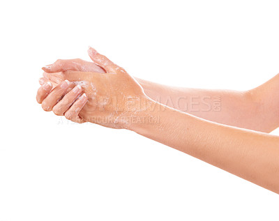 Buy stock photo Health, soap and closeup of washing hands in studio for hygiene, wellness or self care. Hygiene, cosmetic and zoom of person or model clean skin to prevent germs, bacteria or dirt by white background