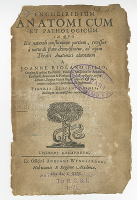 Buy stock photo Antique medical page, information and library stamp for authorized knowledge on medicine study, health or research. Latin language, pathology and parchment paper for healthcare education literature