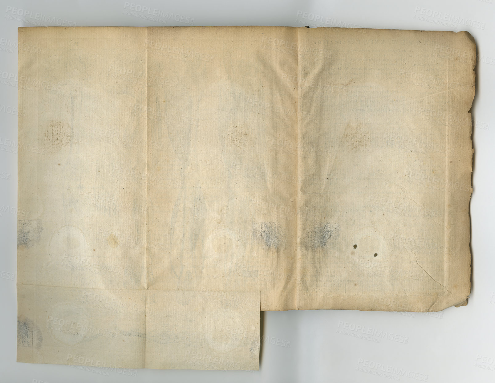 Buy stock photo Old, vintage and blank page of parchment, manuscript or history artifact for scripture or literature against a studio background. Closeup of empty historical novel, journal or worn paper for research