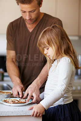 Buy stock photo Family, breakfast or sandwich with a father and daughter in the kitchen of their home together for morning nutrition. Kids, health or diet with a man and his girl child making food, a meal or snack