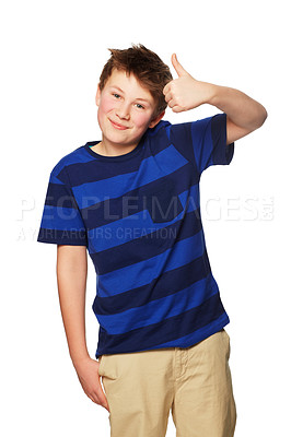 Buy stock photo Portrait, thumbs up and smile of child in studio isolated on a white background. Boy, hand gesture and kid with like emoji for agreement, success or thank you, yes sign or winner, ok and approval.