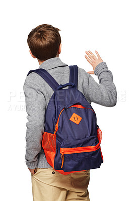 Buy stock photo Back, school and a boy with a wave for greeting isolated on a white background in a studio. Education, youth and a student waving for hello or goodbye with a backpack for learning on a backdrop