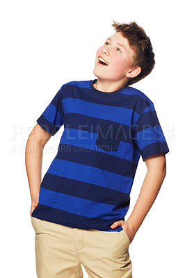 Buy stock photo Happy, young boy and wow in studio for fashion, sale or deal while posing excited on white background. Surprised, preteen and male person looking up for discount, good news or isolated announcement