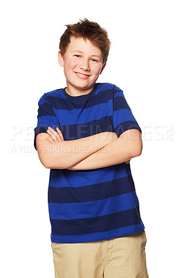 Buy stock photo Portrait of a young boy standing with his arms folded