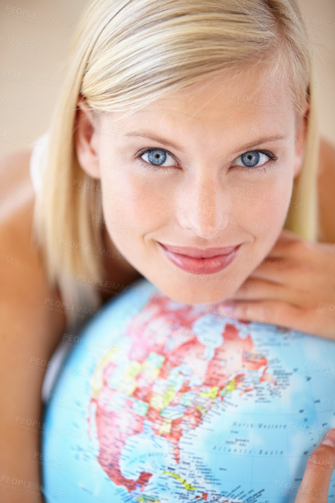 Buy stock photo Woman, travel and globe with portrait and happy from earth day, holiday or international vacation. Smile, world and map for learning and geography with a female person and choice with the planet