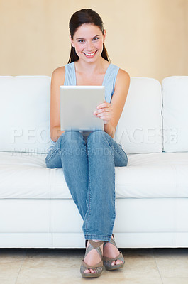 Buy stock photo Portrait, happy woman and relax with digital tablet on a sofa while browsing social media in her home. Face, streaming and female smile in living room online for subscription service or entertainment