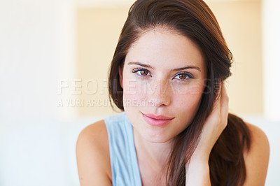 Buy stock photo Portrait, relax and natural with a young woman in the bedroom of her home for a break in the morning. Face, beauty and leisure with a happy person alone in her apartment for weekend time off