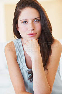 Buy stock photo Portrait, beauty and natural with a young woman in the bedroom of her home to relax in the morning. Face, break and leisure with a happy young person alone in her apartment for weekend time off