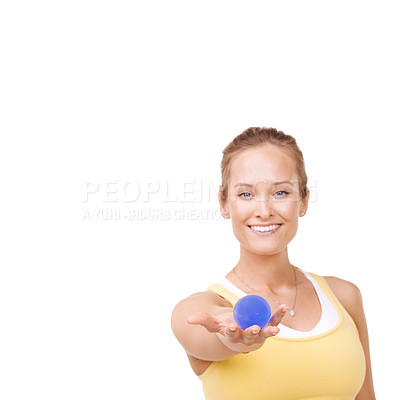 Buy stock photo Stress ball, portrait and woman in studio for mindful, fitness and arm exercise with smile. Happy, sport equipment and young female person from Canada with anxiety relief isolated by white background