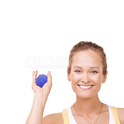 Buy stock photo Stress ball, portrait and young woman in studio for mindfulness, fitness and arm exercise with smile. Equipment, happy and female person from Canada with anxiety relief isolated by white background.