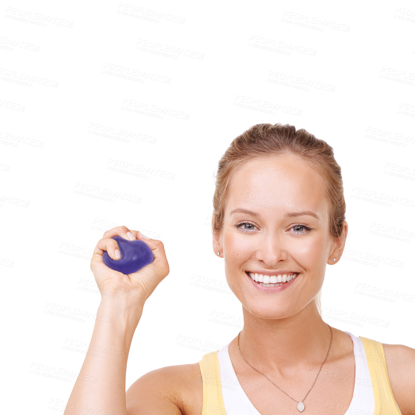 Buy stock photo Stress ball, fitness and portrait of woman in studio for wellness and arm exercise with smile. Happy, mindful and young female person from Canada with anxiety relief isolated by white background.