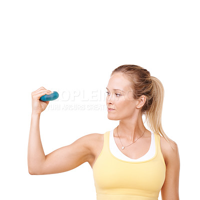 Buy stock photo Confident woman, squeeze and stress ball in fitness for exercise against a white studio background. Female person in relief, tension or anger management in gym workout or training on mockup space