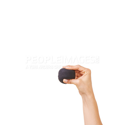 Buy stock photo Person, hand and stress ball for anxiety, exercise or squeeze against a white studio background. Closeup of human palm with round object in anger management, relief or tension on mockup space