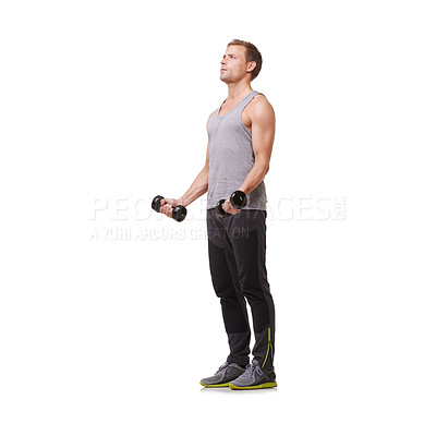 Buy stock photo Fitness, bodybuilder or man with dumbbells training, exercise or workout for body or wellness. White background, studio mockup space or healthy athlete weightlifting for strong biceps muscle power