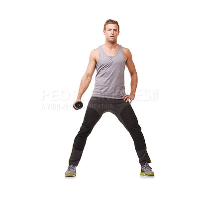 Buy stock photo Portrait, white background or man with dumbbells training, exercise or workout for body or fitness. Mockup space, studio or healthy athlete bodybuilder weightlifting for strong biceps muscle or power