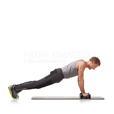 Buy stock photo Push ups, white background or man in dumbbells training, exercise or workout for body or wellness. Mockup space, studio or healthy athlete bodybuilder weightlifting for strong biceps muscle or power