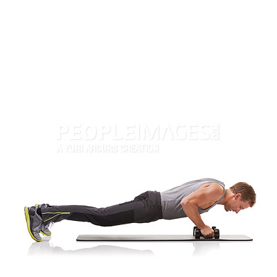 Buy stock photo Push ups, studio or man in dumbbells training, exercise or workout for fitness on white background. Mockup space, mat or healthy athlete bodybuilder weightlifting for strong biceps muscle or power