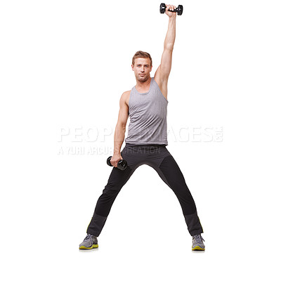 Buy stock photo Cardio, white background or portrait of man with dumbbells in strength exercise or workout for wellness. Mockup space, studio or healthy athlete in weight training for strong biceps muscle or body
