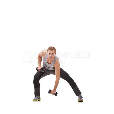 Buy stock photo Cardio, studio or portrait of man with dumbbells in strength exercise or workout on white background. Mockup space, fitness model or healthy male athlete in weight training for strong biceps muscle