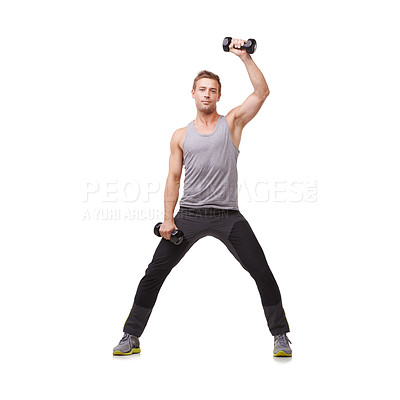 Buy stock photo A fit young man working out with dumbbells while isolated on a white background