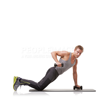 Buy stock photo Push up, knee or portrait of athlete in dumbbells training, exercise or workout for fitness. Studio mockup space, man or healthy bodybuilder with weights for strong biceps muscle on white background