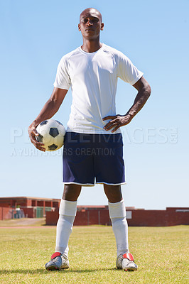 Buy stock photo African man, soccer ball and portrait on field for pride, strong or ready for competition, contest or health. Football player, person or outdoor on pitch for fitness, exercise or workout for wellness