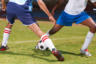 Buy stock photo Sports, competition and game with shoes of soccer player for fitness, championship and training. Workout, energy and match with closeup of men playing on football field for a achievement and goal