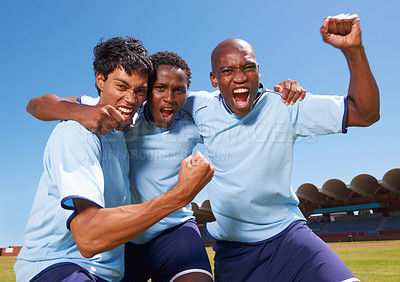 Buy stock photo Men, sports and team celebration on field for achievement, goals or diversity for training, exercise or contest. People, group and fist with cheers, shout or excited for progress in game with support