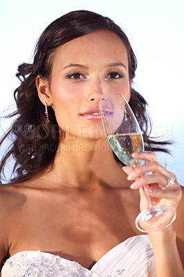 Buy stock photo Woman, portrait and wedding dress or champagne for celebration event, love ceremony or bride partnership. Female person, alcohol drink glass and smile for romance party, commitment in elegant gown