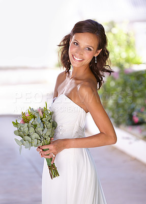 Buy stock photo Smile, flowers and a woman on her wedding day as the bride for a ceremony of love or tradition. Street, event and bouquet with a happy young person looking excited for marriage celebration in a dress