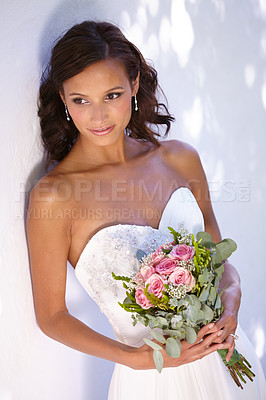 Buy stock photo Woman, flower bouquet and wedding dress or marriage celebration, commitment event or wall background. Female person, bride and partnership party or elegant accessory or romance, love union or outdoor