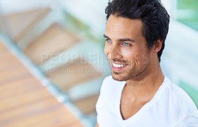 Buy stock photo Man, thinking and smile outdoor as future decision or idea wondering, vision or morning confidence. Male person, looking and thoughts happy or wellness as planning pondering, positive pride or choice