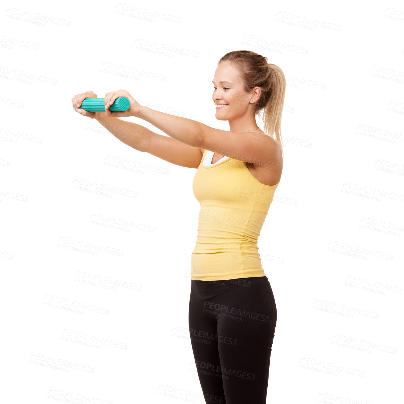 Buy stock photo Happy woman, grip and resistance for arm workout isolated against a white studio background. Young female person or athlete smile with flex band in gym exercise, training or fitness on mockup space