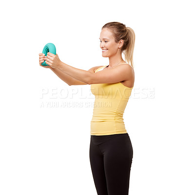 Buy stock photo Happy woman, grip and bend in resistance for arm workout isolated against a white studio background. Young female person or athlete with band or tube in exercise, training or fitness on mockup space