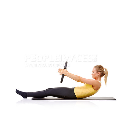 Buy stock photo Woman, pilates ring and balance on yoga mat for resistance  stretching or health, roll up or studio white background. Female person, arms equipment for muscle flexibility, wellness strength or mockup