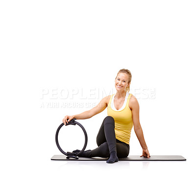 Buy stock photo Pilates ring, fitness and portrait of woman in studio isolated on a white background mockup space. Smile, person on mat and magic circle for training, exercise sport and healthy body workout on floor