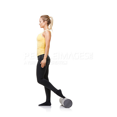 Buy stock photo Woman, foam and roller for exercise, balance and fitness workout in studio on white background. Pilates, profile and healthy lady with foot on rolling tube for training, wellness and physiotherapy 