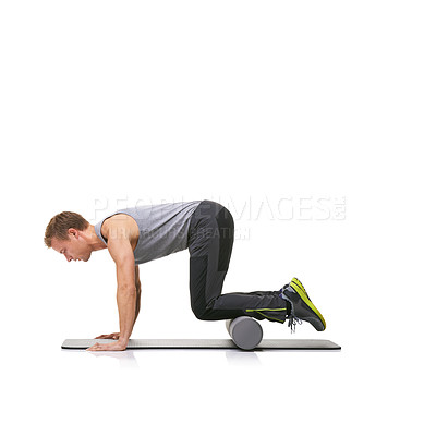 Buy stock photo Exercise balance, foam roller and man in push up for arm strength building, muscle growth or rehabilitation workout. Stability activity, mockup studio space or person training on white background