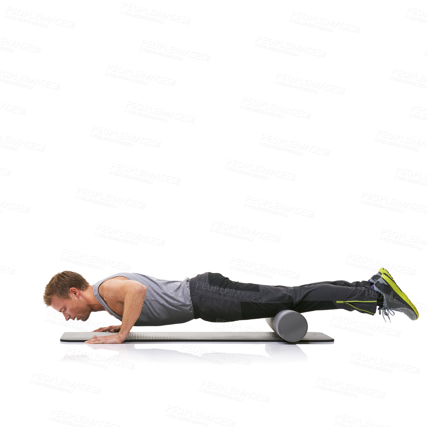 Buy stock photo Fitness, foam roller and man in floor push up for strength building, muscle growth or bodybuilding exercise. Plank balance workout, mockup studio space or training person isolated on white background